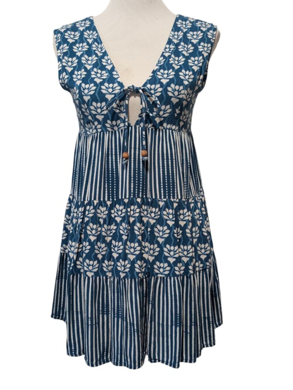 Goa Beachwear by Japana Sz XS Blue Block Floral Stripes Coverup Tunic Mini Dress